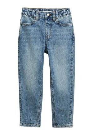Jeans in denim blu con una vita elasticizzata, gambe a taglio dritto, due tasche anteriori e un lavaggio sbiadito, con cuciture a contrasto.
