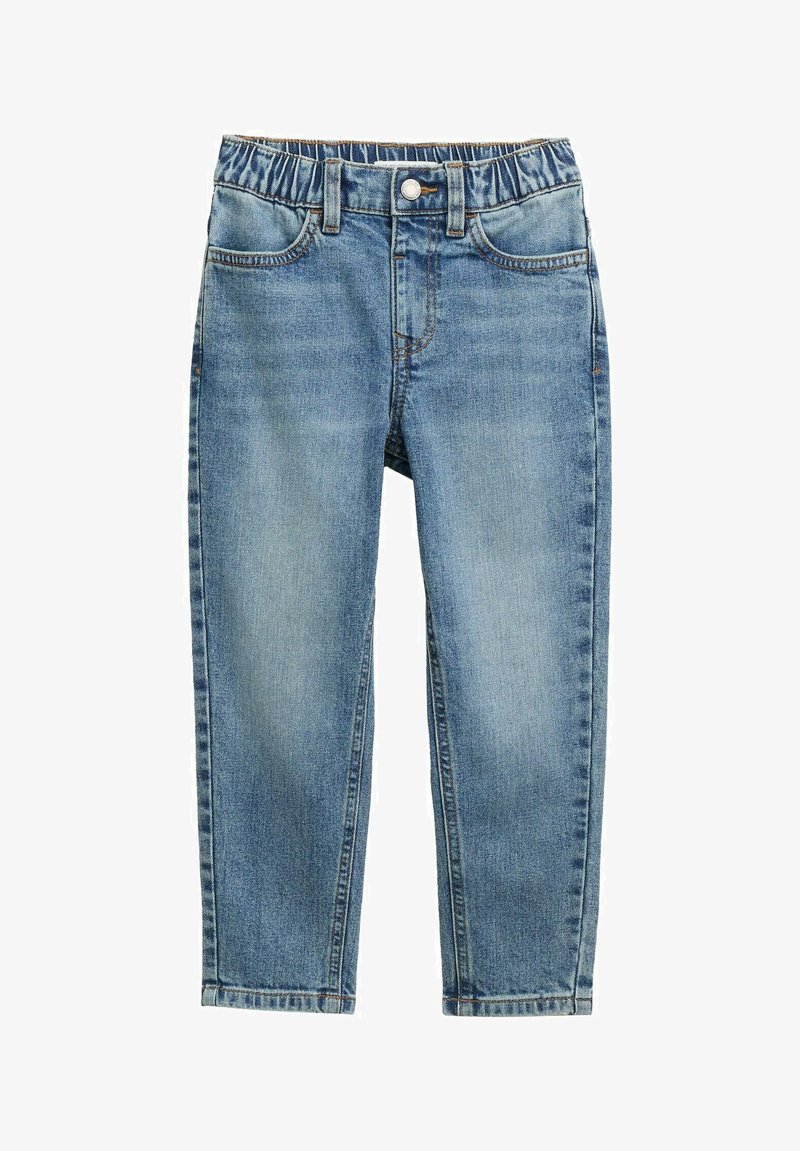 Modre denim hlače z elastičnim pasom, ravno krojenimi nogami, dvema sprednjima žepoma in obrabljenim izgledom, ki ima kontrastne šive.