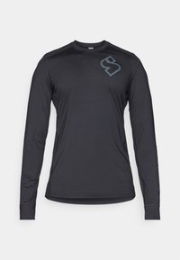 Zwarte lange mouw shirt gemaakt van een lichtgewicht materiaal; heeft een grijze logo op de borst en een gladde, aansluitende ontwerp.