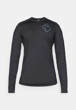 Zwarte lange mouw shirt gemaakt van een lichtgewicht materiaal; heeft een grijze logo op de borst en een gladde, aansluitende ontwerp.