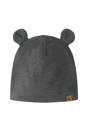 Cappellino lavorato a maglia a coste grigio scuro con due piccole orecchie rotonde in tessuto sulla parte superiore e una piccola etichetta marrone all'orlo.