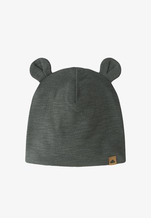 Cappellino lavorato a maglia a coste grigio scuro con due piccole orecchie rotonde in tessuto sulla parte superiore e una piccola etichetta marrone all'orlo.