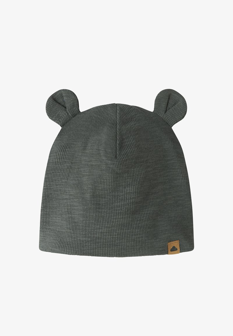 Bonnet en maille côtelée gris foncé avec deux petites oreilles rondes en tissu sur le dessus et une petite étiquette marron à l'ourlet.