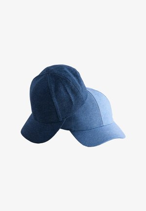 Deux casquettes de baseball, une bleu foncé et une bleu clair, superposées sur un fond blanc.