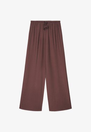 Pantalon marron à jambes larges avec taille élastique et cordon de serrage, fabriqué en tissu léger pour un confort décontracté.