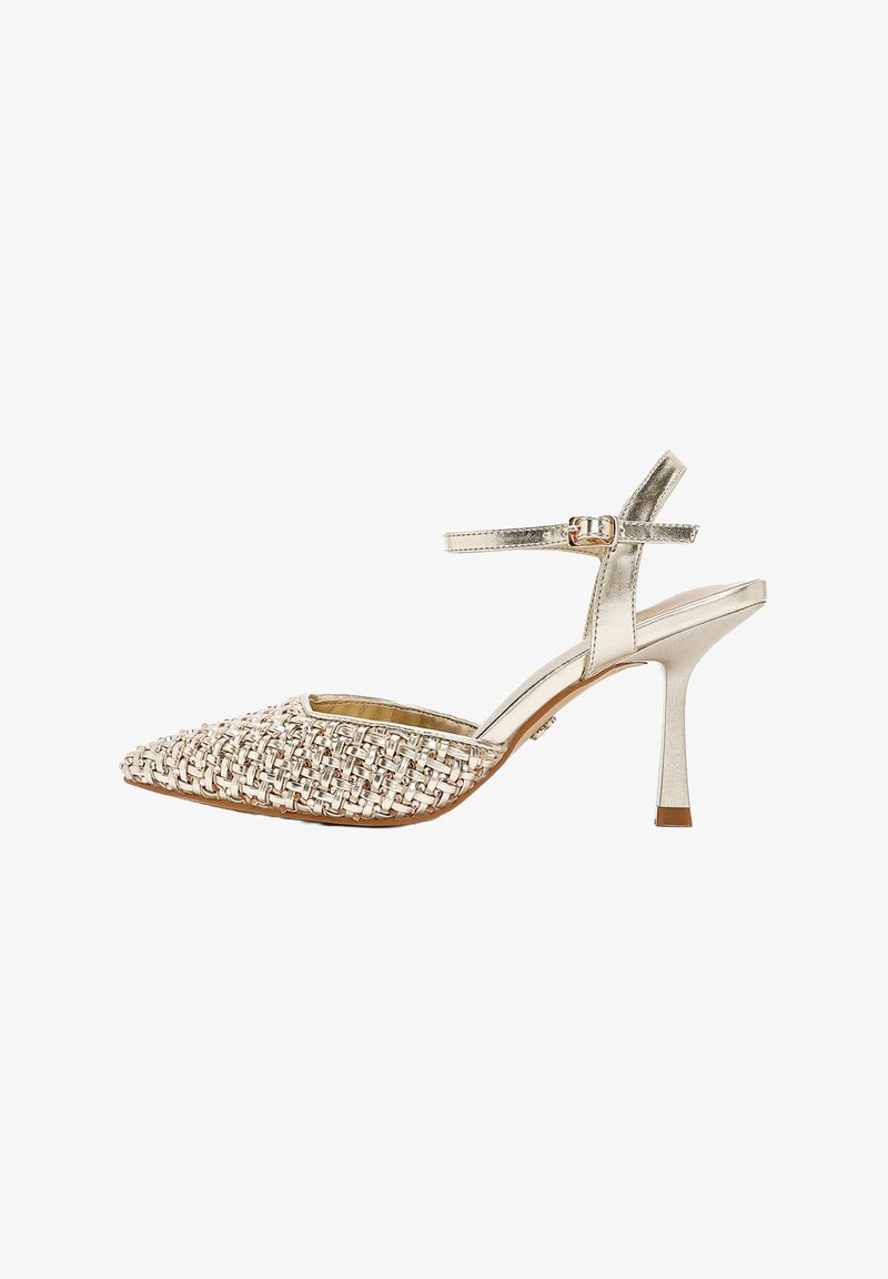 Woven metallic gold high-heeled sandal with a pointed toe and ankle strap. Features a textured upper and a slim stiletto heel.