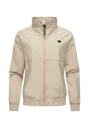Beige lichtgewicht jack met een hoge kraag, voorrits en elastische manchetten. Voorzien van een logo op de linkerborst en een gladde, glanzende textuur.