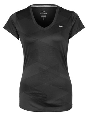 T-shirt de sport femme noir Nike Dri-Fit à manches courtes, col en V et motif géométrique subtil.