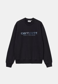 Sudadera negra con cuello redondo y puños de canalé. Presenta "Carhartt Work in Progress" bordado en hilo azul en la parte frontal.