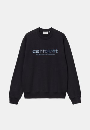 Schwarzer Sweatshirt mit geripptem Rundhalsausschnitt und Bündchen. Auf der Vorderseite befindet sich der aufgestickte Schriftzug "Carhartt Work in Progress" in blauem Faden.