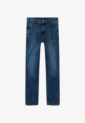 Donkerblauwe denim jeans met een recht model, voorzien van voor- en achterzakken, een rits en contrasterende stiksels.