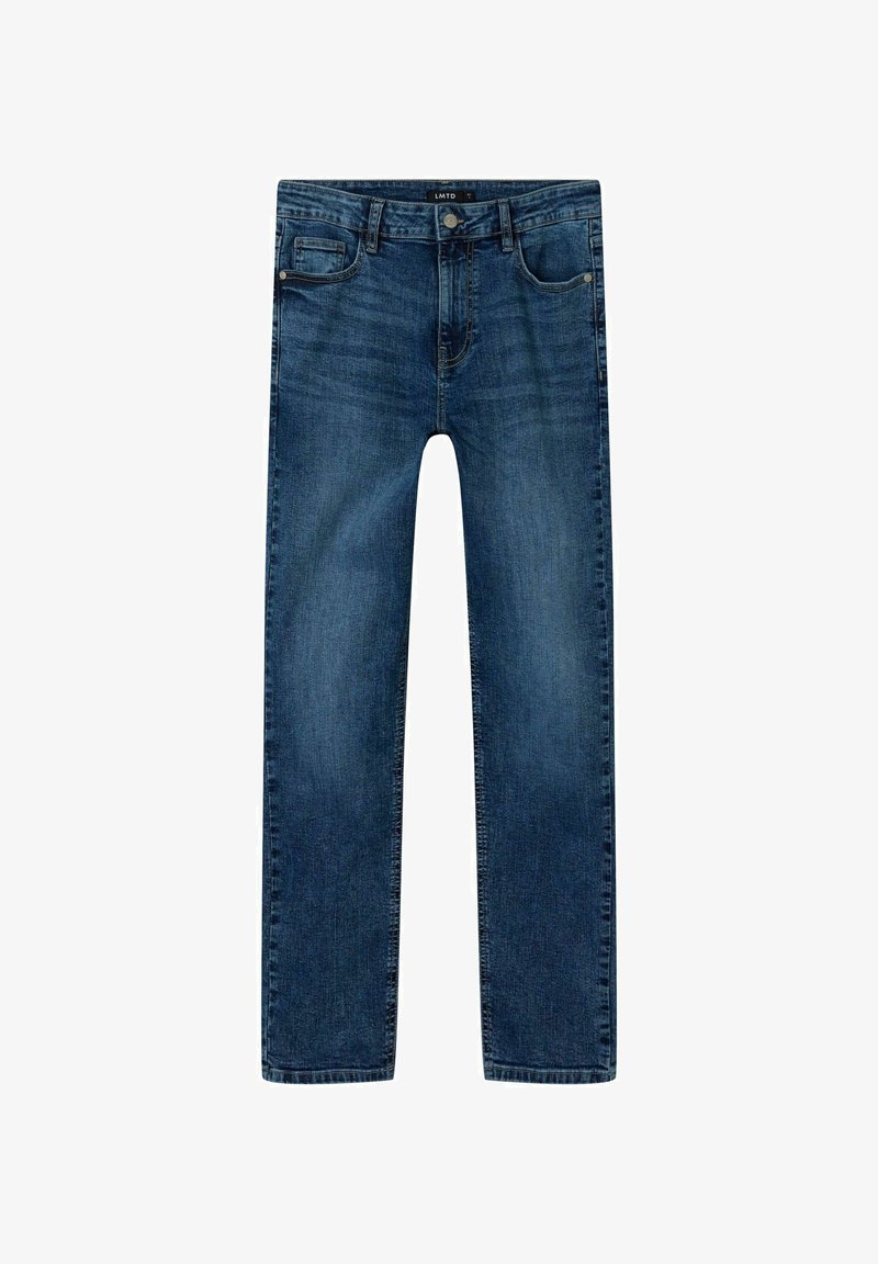 Jeans din denim de culoare albastru închis, cu un design cu picioare drepte, având buzunare frontale și posterioare, fermoar și cusături contrastante.
