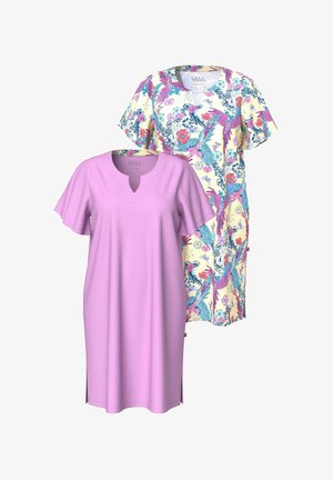 To korte ærmeløse kjoler: en ensfarvet lavendel med nøglehulskrave, og en mønstret med farverige blomster- og fuglemotiver på en gul baggrund.