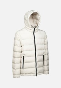 Dämpad vit jacka med huva, med en frontdragkedja, sidofickor med svarta dragkedjor och en kviltad textur för isolering.