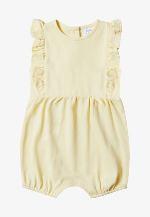 Gelbes Baumwollspielanzug mit Rüschendetails an den Schultern, rundem Ausschnitt, elastischen Beinausschnitten und Druckknopfverschluss hinten.