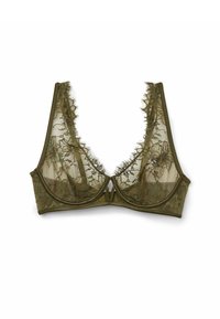 Olijfgroene kanten bralette met driehoekige cups, transparante gaasdetails, franjes aan de randen en een naadloze onderband voor ondersteuning.