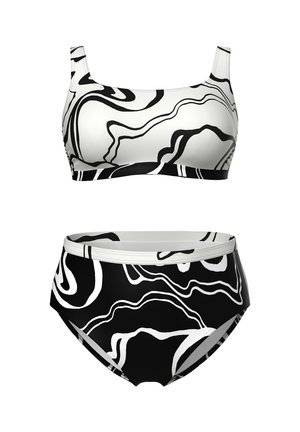 Zweiteiliger Badeanzug mit abstraktem, schwarz-weißem Wellenlinienmuster, bestehend aus einem Tank-Top und hoch taillierten Hosen.