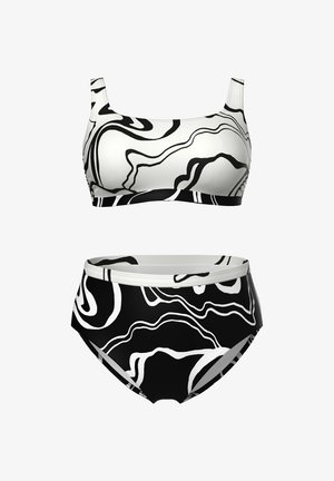 Dwuczęściowy strój kąpielowy z czarno-białym abstrakcyjnym wzorem falistych linii, z topem w stylu tank top i majtkami z wysokim stanem.