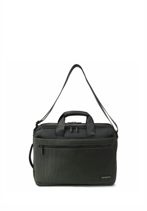 Borsa a tracolla rettangolare nera e verde scuro con manici superiori, tasca frontale con cerniera, tracolla regolabile e etichetta del marchio Hedgren nell'angolo inferiore anteriore.