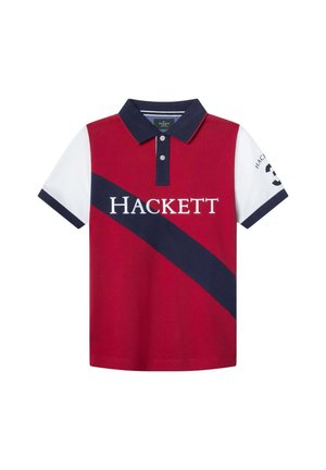 Polo rouge avec manches courtes blanches, col marine et rayure diagonale marine. Logo "HACKETT" sur le devant et le numéro "33" sur la manche. Matériau en coton.