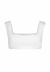 Witte cropped top van textuurstof met ingewikkelde borduurpatronen, vierkante halslijn en brede schouderbanden.