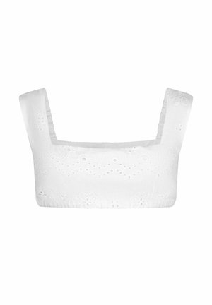 Witte cropped top van textuurstof met ingewikkelde borduurpatronen, vierkante halslijn en brede schouderbanden.