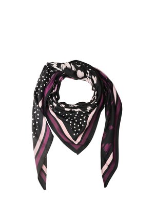Une écharpe noire à pois blancs, à rayures rose pâle et aux accents violets, disposée en boucle avec deux extrémités pointues.
