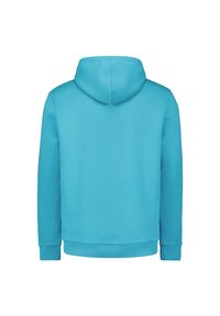 Turquoise hoodie van zachte stof. Voorzien van een trekkoord in de capuchon, ribgebreide boorden en een ribgebreide zoom. Gladde textuur met een effen kleurontwerp.