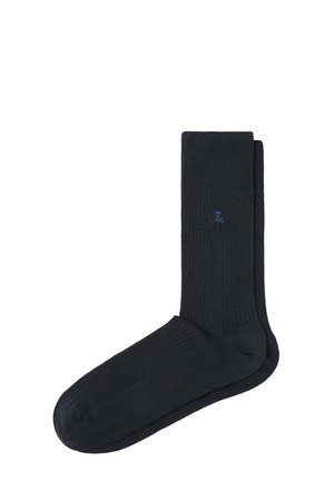 Zwarte geribde sokken van een zachte, rekbare stof; heeft een klein blauw logo. Klassiek ontwerp met een comfortabele pasvorm.