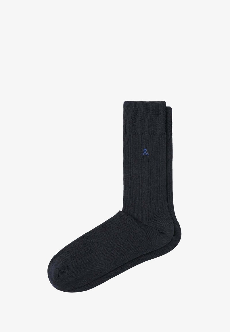 Chaussettes noires côtelées en matériau doux et extensible; dotées d'un petit logo bleu. Design classique avec un ajustement confortable.