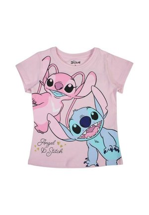 T-shirt en coton rose avec les personnages Angel et Stitch, ornée d'accents bleus et roses. Le texte en bas indique "Angel & Stitch" dans une police décorative.