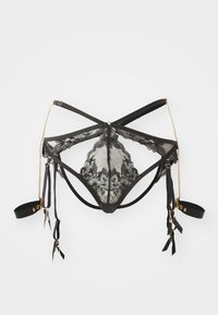Black lace lingerie featuring a mesh design, intricate floral patterns, and adjustable straps with gold-tone hardware and ribbon accents.