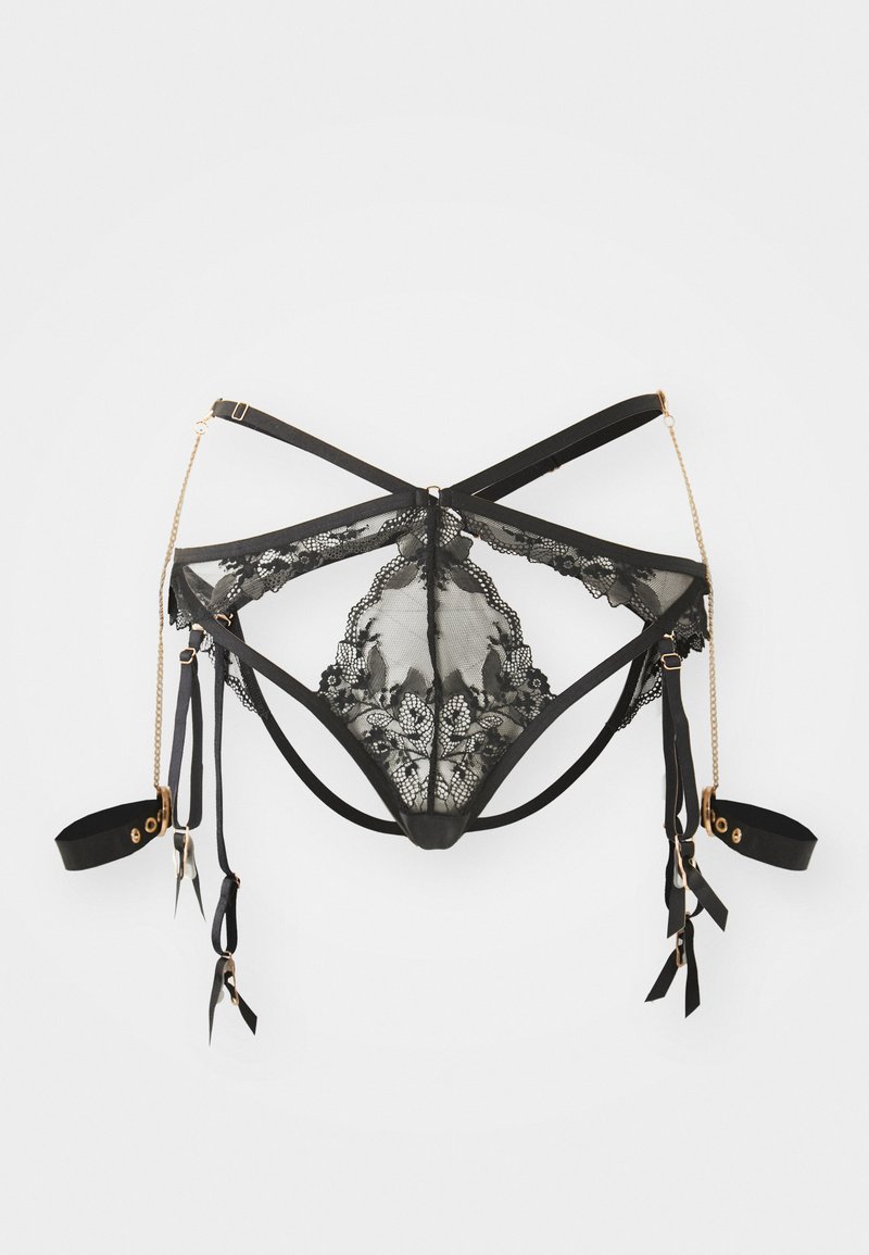 Black lace lingerie featuring a mesh design, intricate floral patterns, and adjustable straps with gold-tone hardware and ribbon accents.