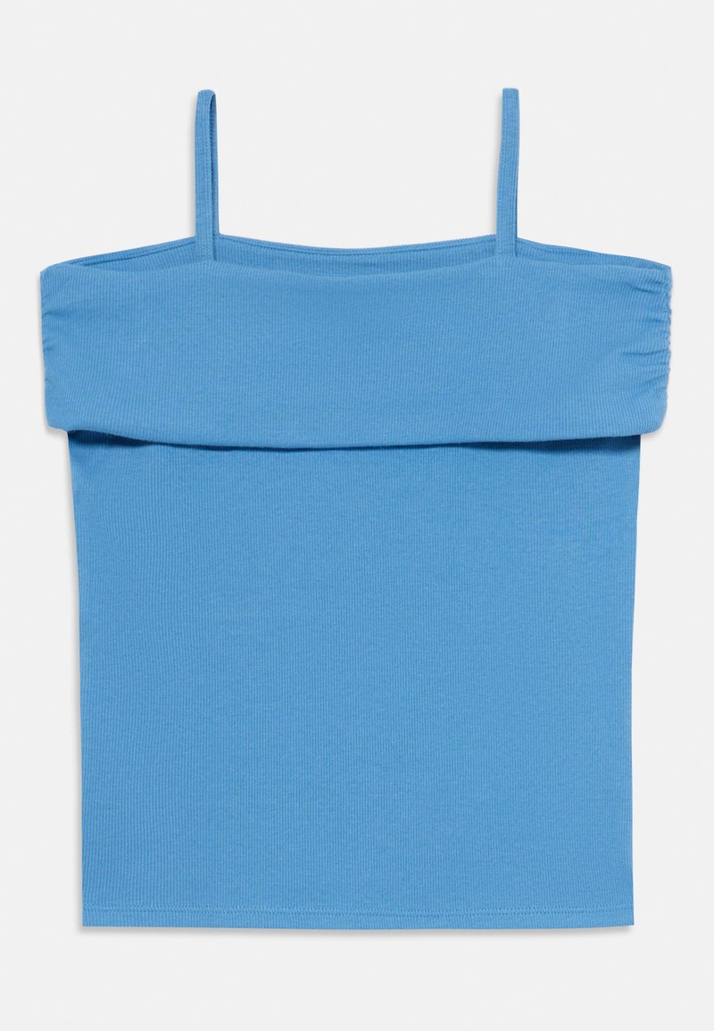 Himmelblaues geripptes Tanktop mit verstellbaren Spaghettiträgern und einem umgeschlagenen, schulterfreien Ausschnitt. Weiche Textur mit taillierter Passform.