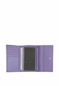 Portefeuille en cuir lavande ouvert, montrant six emplacements pour cartes, une fenêtre en mesh pour carte d'identité et un compartiment à pièces avec bouton-pression.