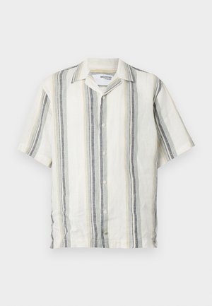 Korte erms linnen shirt med vertikale strepen in off-white, lysegrønn, grå og marineblå. Har krage og knappestolpe foran.