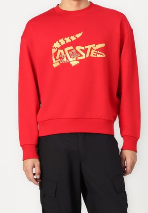 Personne portant un sweat-shirt rouge col rond avec un graphisme jaune combinant des lettres et une forme d’alligator, associé à un pantalon cargo noir.