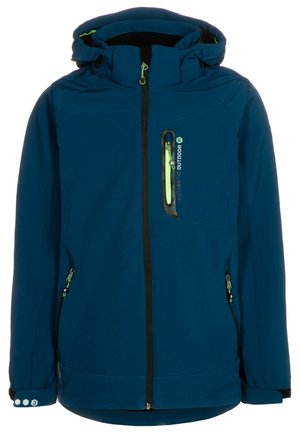 Niebieska kurtka softshell z zamkiem błyskawicznym z przodu, regulowanym kapturem i zielonymi akcentami. Posiada boczne kieszenie i teksturowaną tkaninę.