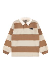 Long-sleeve polo shirt in beige and brown stripes, featuring a white collar and a small black patch with a grid pattern on the chest.