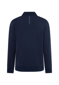 Veste de sport bleu marine à manches longues avec col, poignets et ourlet côtelés, et texte « Hackett Sport » au centre du haut du dos.