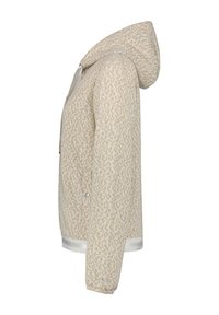 Veste à capuche beige avec un motif texturé intégral, des poignets élastiques et une taille blanche. Fabriquée dans un tissu doux avec une finition lisse.
