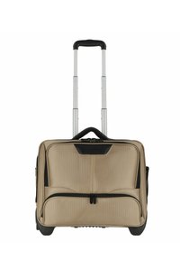 Bolsa de portátil enrollable beige con un mango retráctil, acentos en negro, bolsillos frontales con cremallera y tela texturada. Base duradera para estabilidad.