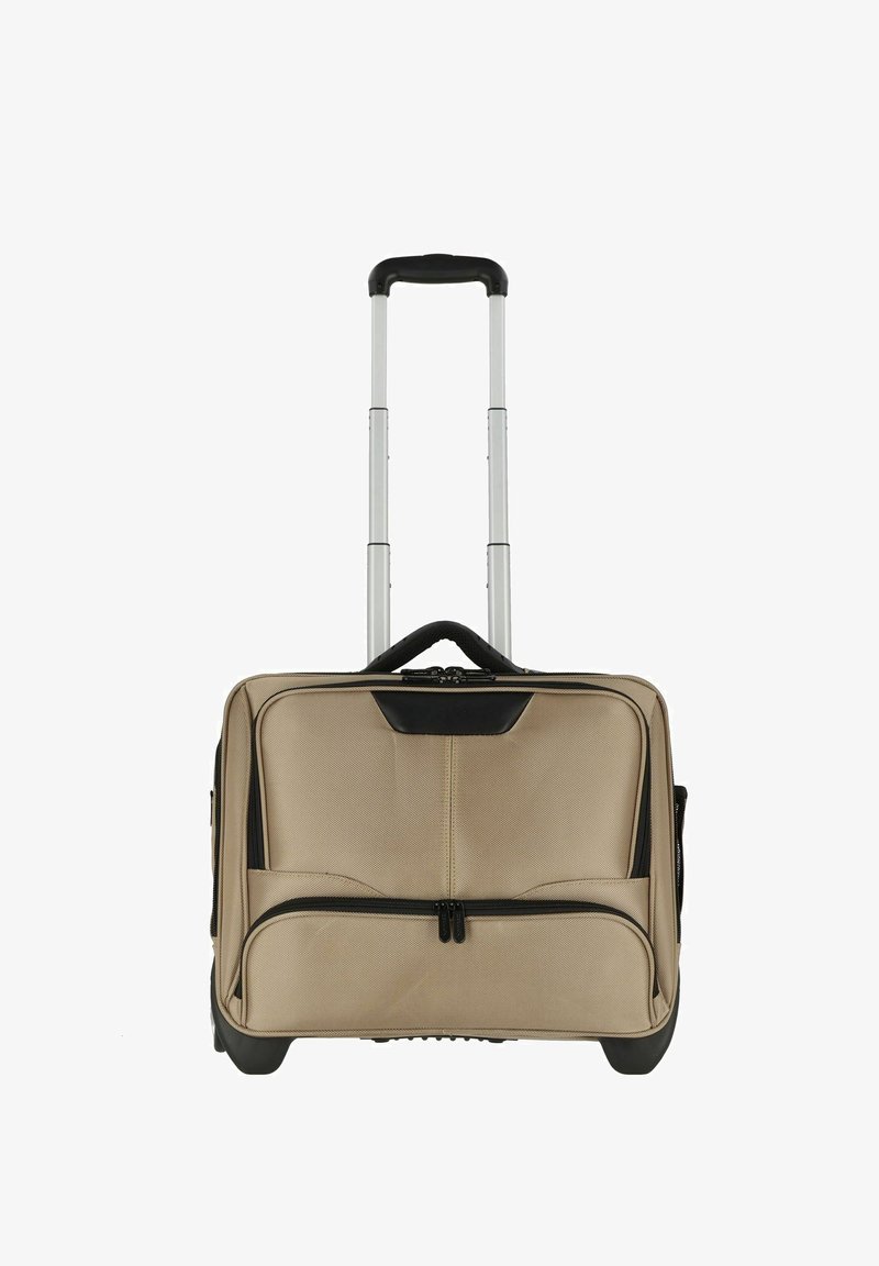 Bolsa de portátil enrollable beige con un mango retráctil, acentos en negro, bolsillos frontales con cremallera y tela texturada. Base duradera para estabilidad.