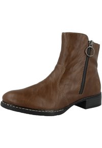Braune Leder-Ankle-Boots mit dekorativen Nähten, seitlichem Reißverschluss und einem niedrigen Blockabsatz. Glatte Textur, abgerundete Spitze und metallische Akzente.