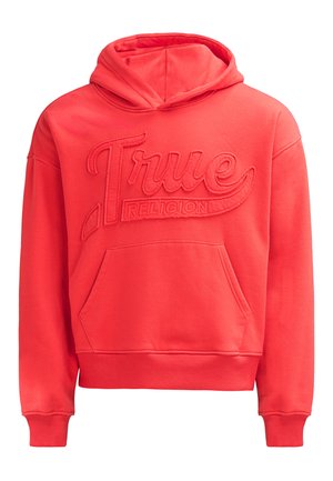 Czerwona bluza z kapturem, z kieszenią z przodu i wypukłym logo "True Religion" na piersi, z prążkowanymi mankietami i pasem.