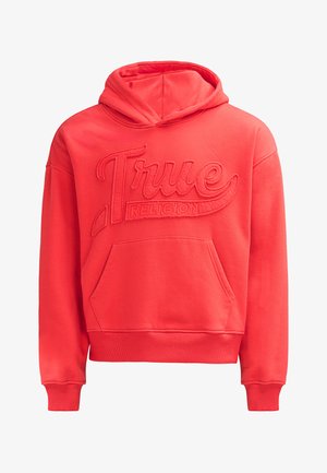 Rote Kapuzenjacke mit Fronttasche und erhabenem "True Religion"-Logo auf der Brust, gerippte Bündchen und Saum.