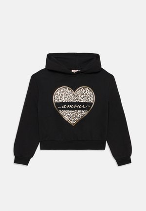 Crni skraćeni dukserica s dizajnom srca u leopard printu, zlatnim detaljima i riječi "amour" u središtu. Ima kapuljaču s vezicom.