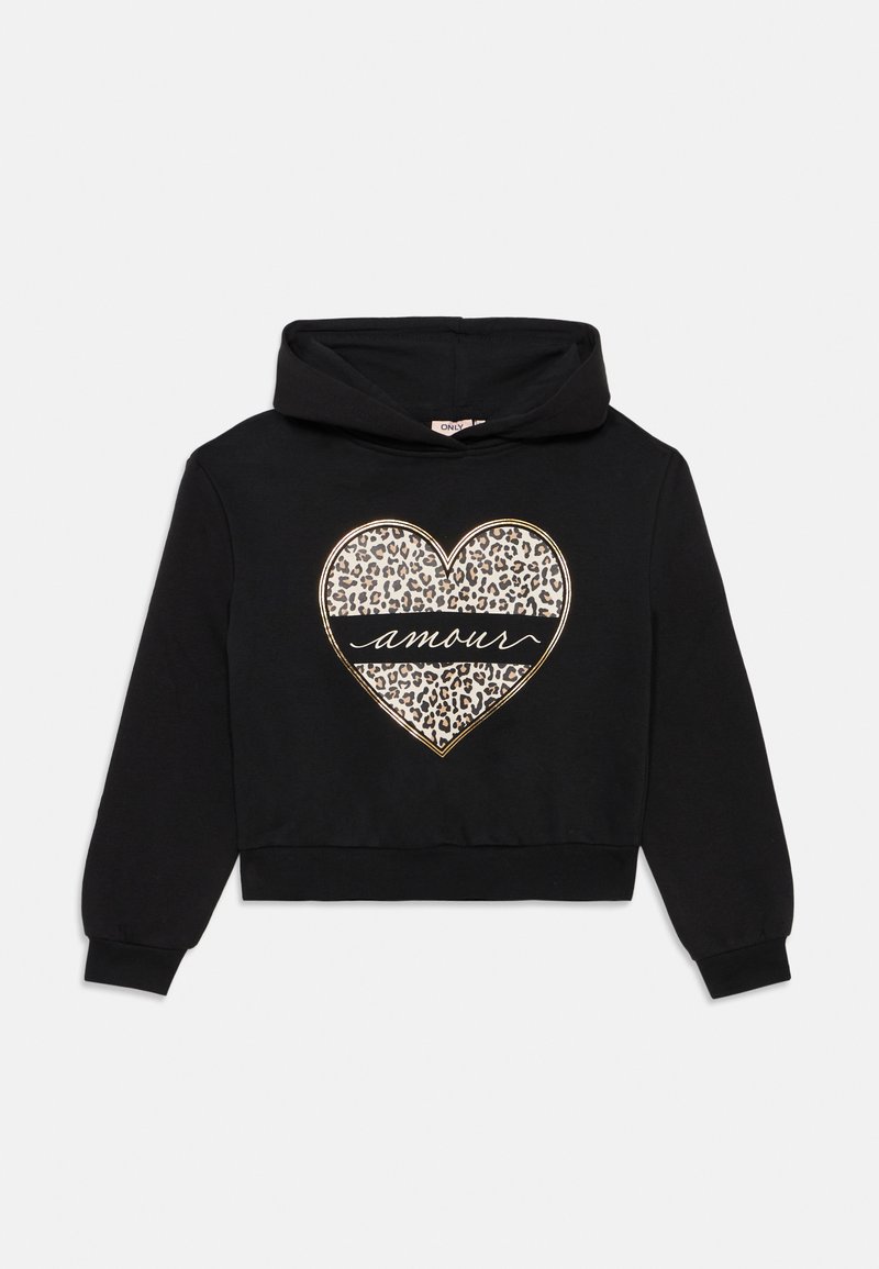 Svart kort hoodie med ett leopardmönstrat hjärtdesign, gyllene accenter och ordet "amour" i mitten. Har en huva med dragsko.