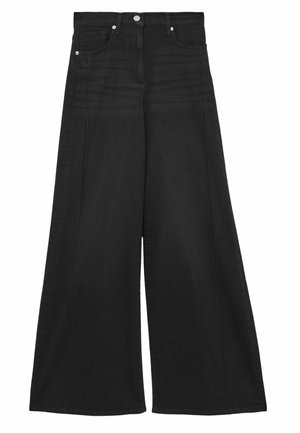 Schwarze weit geschnittene Denim-Hosen mit hohem Bund, zwei vorderen Taschen und silbernen Hardware-Details. Glatte Textur und maßgeschneiderter Schnitt.