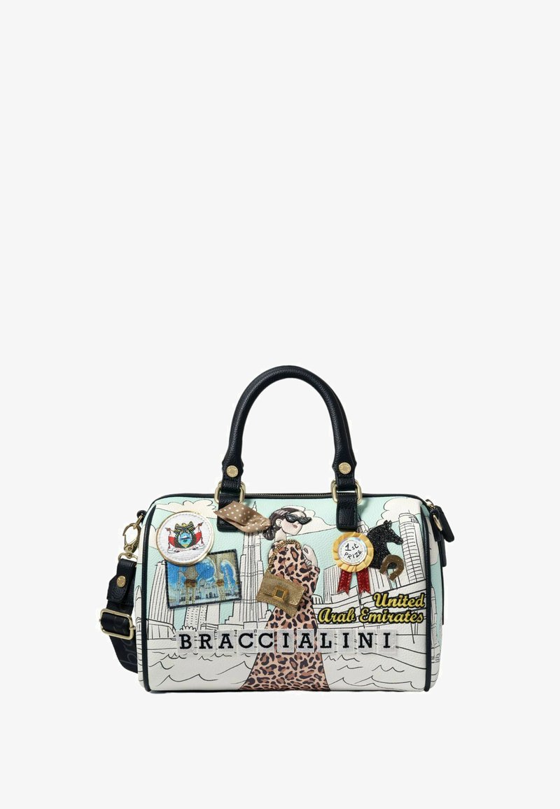 Handbag with a teal base featuring a leopard print design, black leather handles, gold hardware, and embroidery detailing.